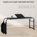 Arlopu Overbed Table with Wheels,60.6-84.2 inches Mobile Bed Desk,Rolling Computer Desk, Laptop Cart,W/0-65°Tilt Stand,4 Heights and 6 Lengths,Side Storage Basket,for Home,Office and Hospital (Black) - color: Black