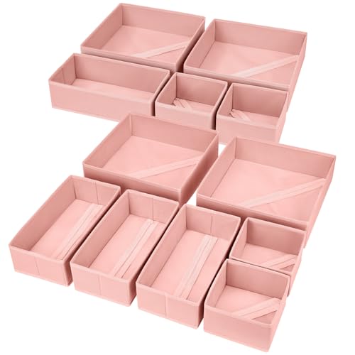 DIMJ Fabric Drawer Organizer Bins - 12 Pack Foldable Sock & Clothes Organizer - Pink - color: Pink, size: 12 Pack