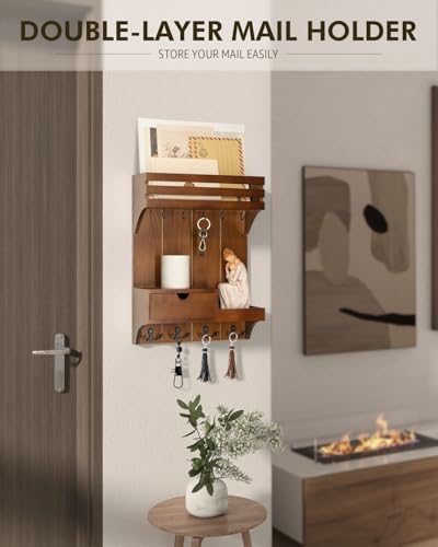 Rebee Vision Farmhouse Key Holder Wall Mount – Decorative Mail Organizer with 9 Key Hooks and Mini Drawer Organizer – Rustic Home Decor for Apartment Essentials (Brown) - color: Brown, style: Small Drawer
