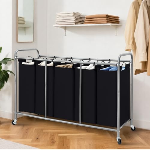 STORAGE MANIAC 5 Section Laundry Sorter, 5 Bins Rolling Separator Laundry Basket, Dirty Clothes Hamper Divider with Heavy Duty Rolling Lockable Wheels, Large Clothes Organizer Cart, Black - color: Black, size: 5 Section
