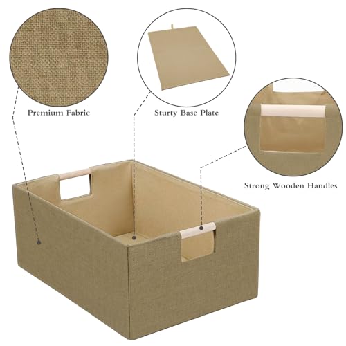 Foldable Fabric Storage Baskets Set of 2 for Shelves, Linen Decorative Storage Bins with Wooden Handles, Small Organizer Cubes for Closet, Rectangle Canvas Boxes for Organizing, Decor (Brown 2 Pack) - color: Brown 2 Pack