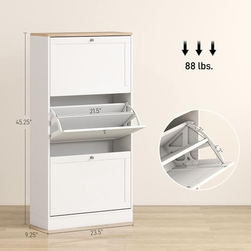 HOMCOM Shoe Storage Cabinet with 3 Flip Drawers, Wooden Freestanding Shoe Organizer with Adjustable Shelves for Entryway, Hallway, White - color: White, size: 23.6" x 9.4" x 45.3"