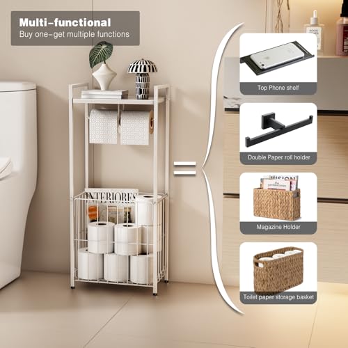 VOLDRA Toilet Paper Holder Stand with Storage Shelf, Free Standing Toilet Paper Roll Holder with Large Basket Heavy Duty Floor Double Tissue Dispenser for Bathroom Freestanding Tp Holder (Matte White) - color: White, size: Free Standing