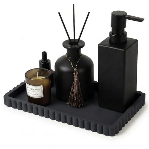 Silicone Bathroom Vanity Tray, Sink Caddy for Dish Soap Dispenser, Sponge Holder for Kitchen Sink, Rectangle Bathroom Countertop Organizer for Perfume, Jewelry, Candle (9.9” * 6”, Black) - color: Black, size: 9.9" x 6" x 0.7"