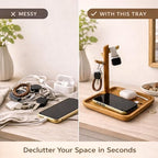 Acacia Wood Key Tray for Entryway Table, Wooden Catchall Organizer with Jewelry Storage Rack, Valet Tray for Keys Wallet Watches Sunglasses Rings(Square) - style: Square