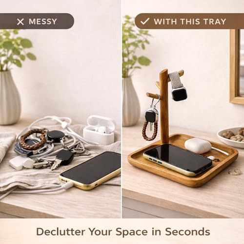 Acacia Wood Key Tray for Entryway Table, Wooden Catchall Organizer with Jewelry Storage Rack, Valet Tray for Keys Wallet Watches Sunglasses Rings(Square) - style: Square