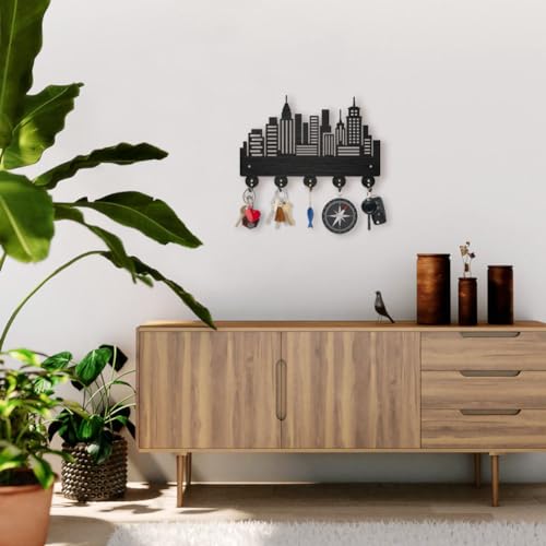 MAYJOYDIY Wood City Skyscraper Coat Rack Wall Mount 11.8×7.9inch Modern City Building Key Holder for Wall 5 Alloy Hooks Wall Art Decor Black Hook Rack for Office Entryway Living Room Gift - color: City