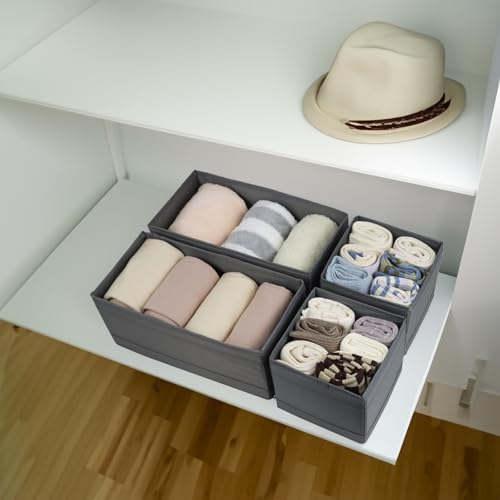 Washable Cloth Drawer Organizer, Set of 4 Foldable Sock Dresser Drawer Organizers Storage Boxes, Fabric Storage Boxes Closet Cabinet Organizer for Clothes (Gray, 2M+2S) - color: Gray, size: 2S+2M