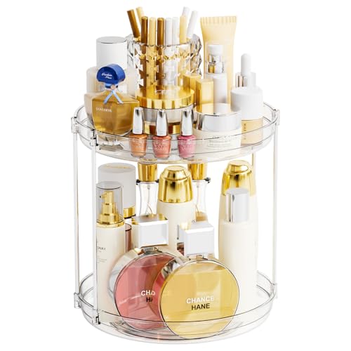 Yieach Clear 360 Rotating Bathroom Counter Organizer,2 Tier Spinning Perfume Organizer and Makeup Tower for Lotion,Hair,Face Skincare Beauty Products,Tiered Lazy Susan and Makeup Organizers for Vanity - style: Round