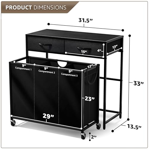 Sorbus 3 Section Laundry Hamper with Shelf and 2 Drawers for Laundry Room Organization, Laundry Basket with Wheels, Rolling Laundry Hamper, Laundry Sorter for Optimal Storage and Organization (Black) - color: Black
