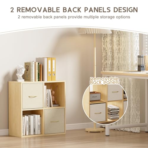 4 Cube Storage Organizer - Solid Wood Bookshelf with 2 Storage Bins, Cube Shelf with 2 Removable Back Panels, Vertical or Horizontal Bookcase, Open Book Shelf for Bedroom, Living Room, Office - size: 4 Cube Shelf