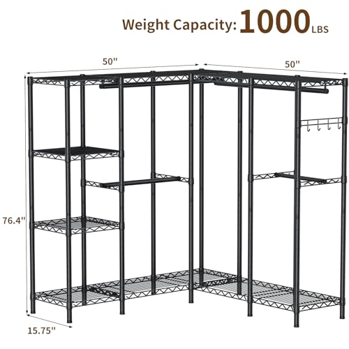 Golpart Heavy Duty Garment Rack Clothes Rack,Large Metal Closet Organizer System Storage Wardrobe,Freestanding Clothing Rack with Adjustable Wire Shelves& Hang Rods,MaxLoad 1100lbs - color: Black, size: 50"D x 50"Wx 76.5"H