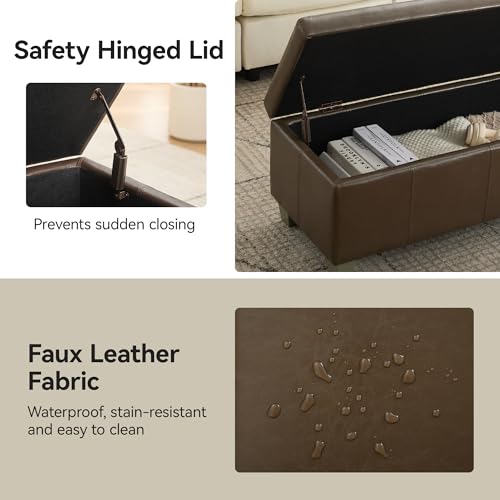 WUTUTUEE 51" Faux Leather Storage Ottoman, Stitch Tufted Rectangle Upholstered End of Bed Storage Bench, Entryway Large Couch Ottoman with Wooden Legs, Coffee - color: Coffee, size: 51 Inch