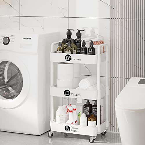 Laiensia 3-Tier Rolling Cart with Wheels,Multifunction Utility Storage Carts, Kitchen Storage Organizer,Mobile Shelving Unit for Bathroom,Laundry,with Classified Stickers,White - color: White, size: 3-Tier