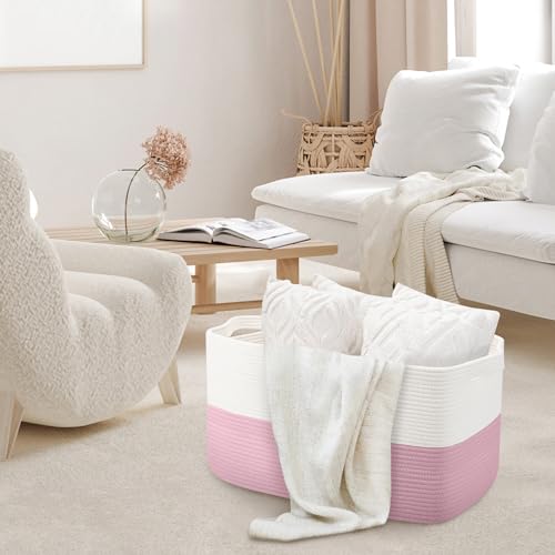 MEGASKET Large Pink Storage Basket, 22" x 17" x 12" Rectangle Cotton Rope Bin for Organizing, Woven Blanket storage for Living Room, Kids Toy Bin Box, Decorative Nursery Storage, Pink Room Decor - color: White & Pink