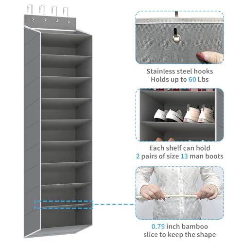 REGELETO 10 Tiers Large Size Over Door Shoe Organizer Storage, Hanging Shoe Rack for Door with Deep Pockets, Fit 20-30 Pairs Shoe Organizer Holder for Sneakers and Boots (Grey) - color: Grey-10 cell