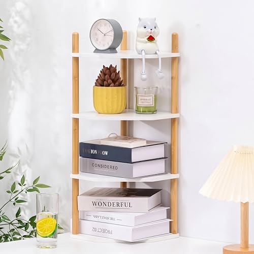 4-Tier Expandable Bamboo Corner Shelf - Dish/Plate Organizer for Cabinet, Kitchen Counter Shelf & Small Kitchen Shelf, Adjustable (White, 1-Pc 4-Tier) - color: 6.7"H-White-4