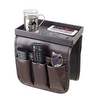 Anti Slip Armchair Caddy w/Detachable Wooden Snack Tray PU Leather Armrest Cup Holder Couch Arm for Recliner w/ 1 Big Pocket, 3 Small Pockets, Remote Control (Dark Chocolate), 10.5Wx30L - color: Dark Chocolate