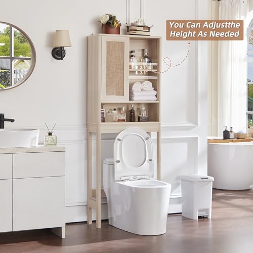 LEYAOYAO Rattan Over The Toilet Storage Cabinet, Farmhouse Over Toilet Bathroom Organizer with Sliding Door, 68" Tall Freestanding Washer Shelf with Adjustable Shelf & Curved Profile, Grey White - color: Grey White, size: 10"D×23.3"W×68"H