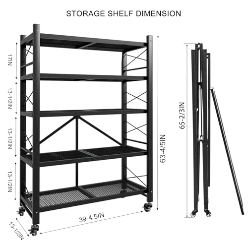 5-Tier Folding Storage Shelves, Heavy Duty Garage Shelving Unit, Adjustable Metal Standing Storage Rack Shelf, No Assembly Wire Shelving Organizer with Wheels for Kitchen Pantry Warehouse - size: 5-Tier