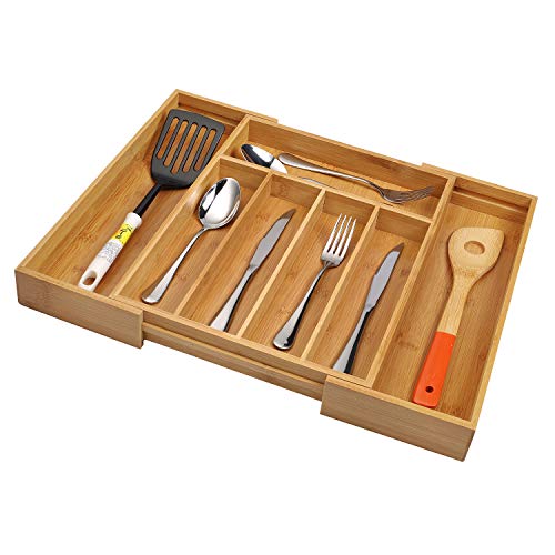Utoplike Bamboo Cutlery Tray Silverware, Drawer Dividers for Kitchen Utensils, Flatware Tray Drawer Insert for knives, Gadgets and Garage Tools, Office Supplies - color: Natural, size: Small