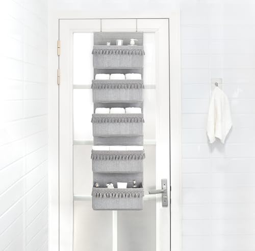 Dahey Over The Door Organizer Boho Nursery Storage Decor Closet Hanging Organizer with Tassels Decoration for Bedroom Nursery Bathroom Apartments Dorm Pantry, 5 Pockets, Grey - color: Grey, size: Large