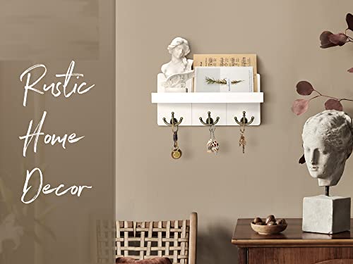 Rebee Vision Key Holder for Wall with Shelf: Elegant Farmhouse Mail Organizer with Decorative Floating Shelf and 3 Anchor Key Hooks for Wall - Retro Key Hangers for Entryway Decor (Rustic White) - color: White