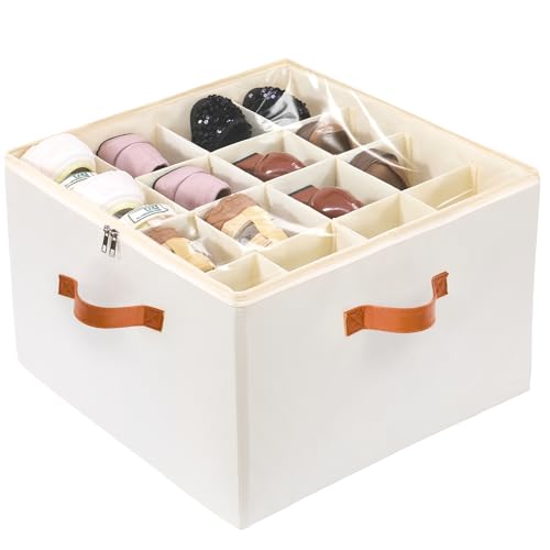 Shoe Organizer for Closet, Shoe Storage Boxes Fits up to 16 Pairs, Foldable Shoe Containers Bins Baskets with Adjustable Dividers and Clear Cover White