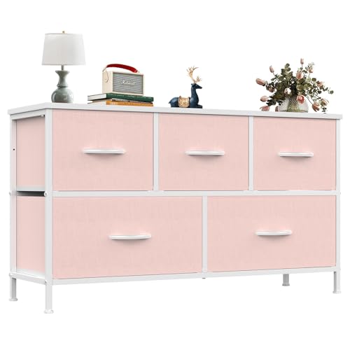 OLIXIS Dresser for Bedroom with 5 Drawers, Wide Chest of Drawers, Fabric Bedroom Dresser with Drawer Organizer, Storage Organizer Unit with Fabric Bins for Closet, Living Room, Hallway, Pink - color: Pink, size: 11.9"D x 38.1"W x 20.9"H (5 Drawers)