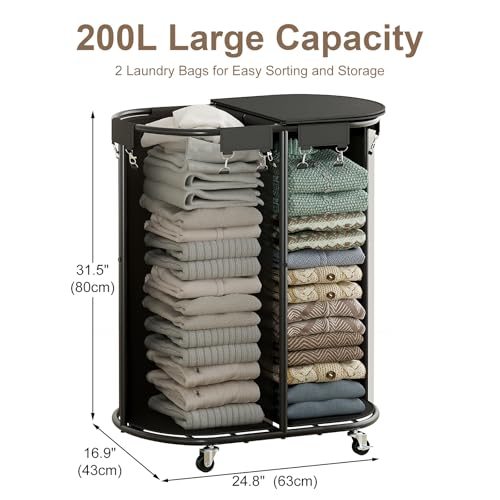 200L Double Laundry Hamper with Lid and Wheels, Large Oval Rolling Laundry Basket 2 section, Sturdy Metal Laundry Cart with 2 Removable Bags, Dirty Clothes Organizer for Home, Dorm, Black - color: Black, size: 200L(24.8"L x 16.9"W x 31.5"H)