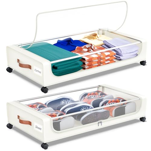 Under Bed Storage with Wheels, UnderBed Storage Containers with Clear Lid and Handles, XXL 60L Under the Bed Storage Bins Drawers for Clothes,Blankets,Shoes,Books (WHITE, 2 PACK) - color: WHITE, size: 2 PACK