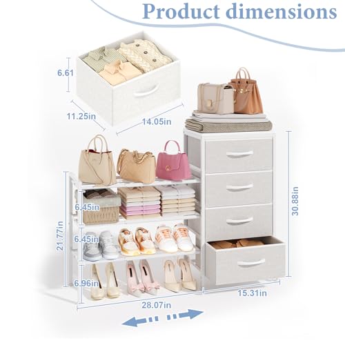 Cidaziya Expandable Closet Organizers and Storage, 4 Drawer Dresser, White Fabric Storage Dresser, Clothes Shelves for Kids, Purse Organizer Small Shoe Rack for Closet Bedroom - size: 11.8"D x 43.4"W x 29.8"H (4 Drawers)