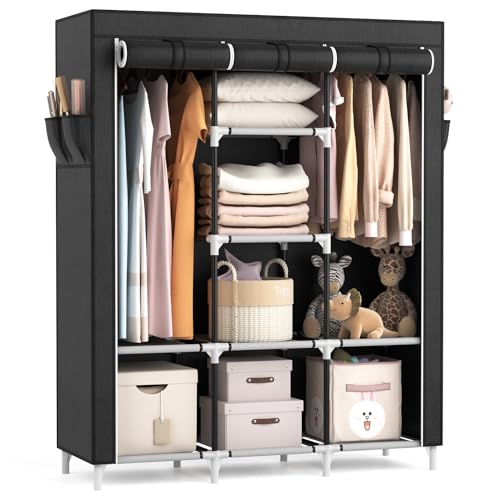 VTRIN Portable Closet, Large Capacity Portable Wardrobe with 2 Hanging Rods and 8 Storage Shelves, Sturdy Free Standing Closet Wardrobe for Hanging Clothes with Side Pockets, Black - color: Black, size: 3 Row - 49'' Wide