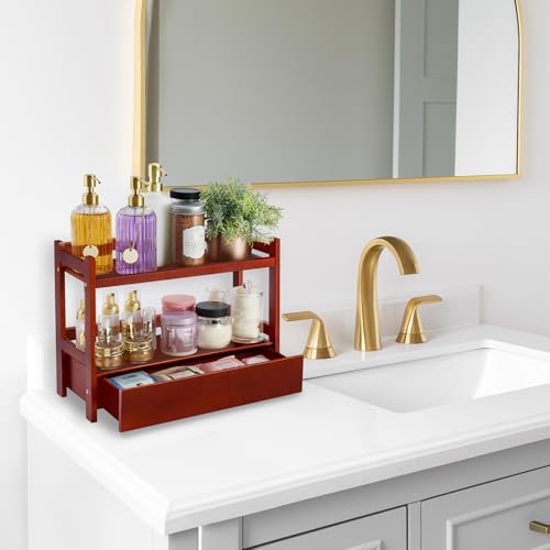 Sorbus Bamboo Bathroom Counter Organizer – 2-Tier Shelf with Hidden Drawer for Vanity, Matcha Station, Bathroom Sink Organizer Countertop, Kitchen & Office Storage (17″ L x 6.5″ W x 12.6″ H) (Brown) - color: Espresso, size: 17" x 6.5" x 12.6"