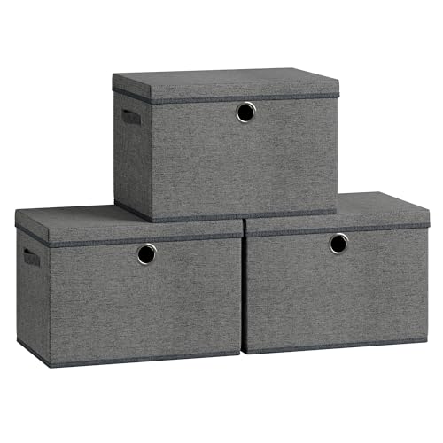 SONGMICS Storage Bins with Lids, 3 Pack Stackable Fabric Storage Boxes, Odorless PP Sheets, Foldable Cube Baskets Organizers with Handles, 16.9 x 11.8 x 11.8 Inches, Slate Gray URFB545GN01 - color: Slate Gray, size: 16.9"L x 11.8"W x 11.8"H