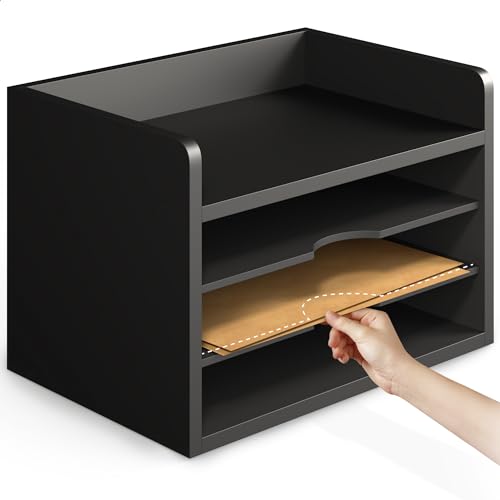 Ballucci File Organizer, 4-Tier Office Desk Organizer, Open Top Wood Paper Organizer for Classroom, Desktop Mail Sorter Paper Tray, Black - color: Black, size: 4 Tier