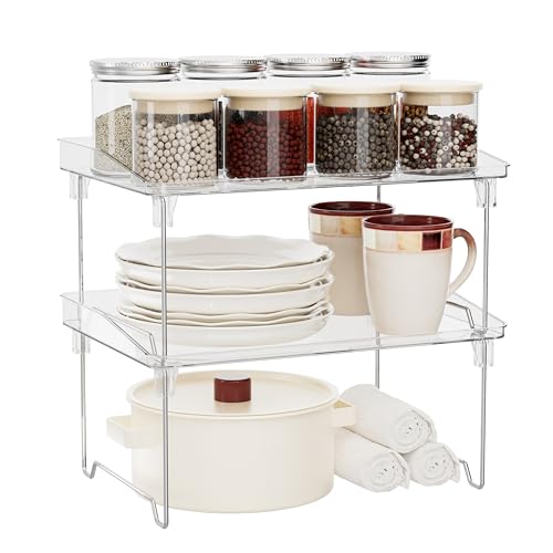 STARLATTA 2 Pcs Cabinet Organizer Shelf, Stackable Kitchen Counter Shelves, Spice Rack,Countertop Organizers, Clear Plastic Storage Shelves Rack for Makeup,Bathroom,Cupboard,Desk,Pantry Organization - color: clear, size: 2 pack