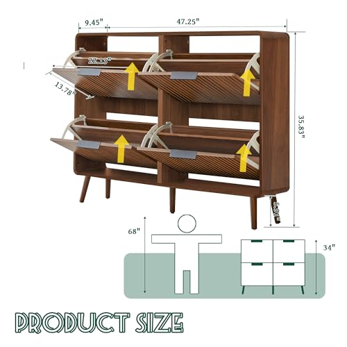 FurSch 47" Fluted Large Shoe Cabinet with 4 Flip Drawers, Slim Freestanding Shoe Cabinet Organizer, Narrow Shoes Storage Rack for Entryway, 5 Sturdy Legs (All Walnut, 9.45" D x 47.24" W x 35.83" H) - color: All Walnut, size: 4 Drawers
