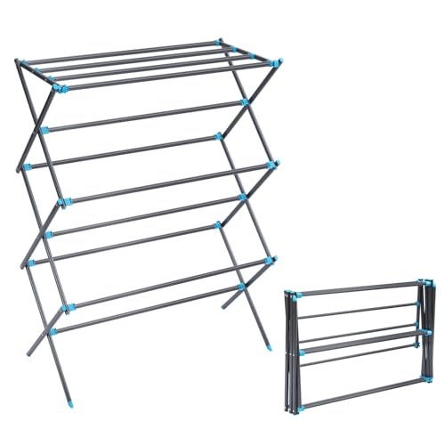APEXCHASER Clothes Drying Rack, Foldable 2-Level Drying Rack Clothing, Stainless Steel Free-Standing Laundry Airer, with Height-Adjustable 4 Wings, Matte Black - color: Graphite, size: Small