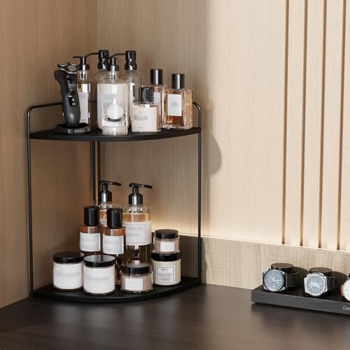 Forest Angle Bathroom Counter Organizer,Countertop Organizer,Vanity Organizers,Bathroom Storage,Bathroom Sink Caddy,Counter Shelf,Corner Counter,Corner Shelves(Black) - color: Black 2 Tier