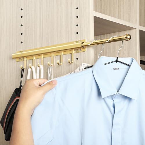 BaiNong 16.5 inch Valet Rod for Closets Pull Out Closet Valet Rod Slide Out Extra long Gold Valet Rods for Closets With 6 Hooks - color: Gold, size: 16.5 Inch
