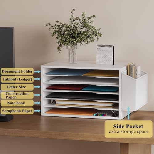 Unionly 12x18 Construction Paper Organizer,6-Tier Adjustable Literature Organizer,Large Wooden File Sorter with Side Pocket,Office Mailbox for Home,Classroom,Office (White, Large 6 Slots) - color: White, size: Large 6 Slots