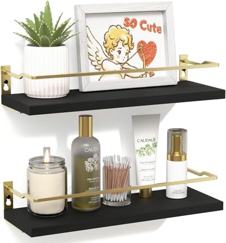 RICHER HOUSE Bathroom Floating Wall Shelf Set of 2 - Guard-Rail Small Wood Shelves for Decor, Over Toilet Storage, Kitchen Organizer - Black Gold - color: Black & Gold