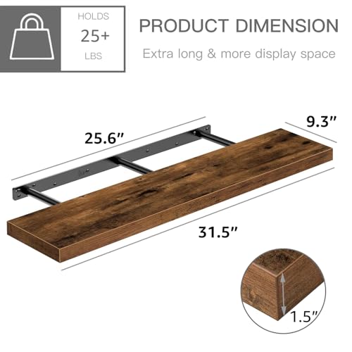 QEEIG Floating Shelves for Wall 31.5" Long - Wall Mounted Shelf Bathroom Kitchen Living Room Bedroom Farmhouse Home Decor Display Bookshelf Large 31.5 x 9.3 inch Set of 2, Rustic Brown (008-80BN) - color: A. Brown, size: 31.5"