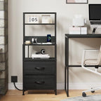 Furnulem Night Stand, Tall Nightstand with 4-Tier Shelves, 2 Fabric Drawers and Led Lights, Bed Side Tables with Charging Station, Bedside Table for Bedroom, Office, Black Oak | 4-Tier Shelves, 2 Fabric Drawers, Light Tube, Bed Side Tables, Charging Stati