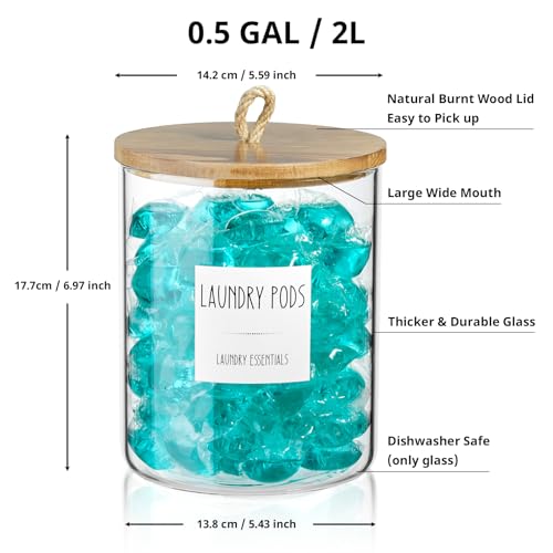 Glass Laundry Pods Container, Half Gallon 2 Liter Laundry Jars with Wood Lids for Laundry Room Organization and Storage, Powder Detergent Holder for Laundry Room Decor and Accessories