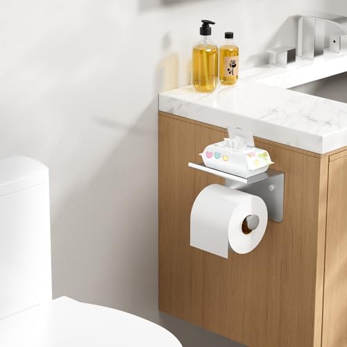 FORIOUS Toilet Paper Holder with Shelf, Adhesive or Screw Wall Mount Toilet Roll Holder for Bathroom, Rustproof 304 Stainless Steel Commercial Toilet Tissue Holder with Storage, Brushed Nickel - color: Stainless Steel