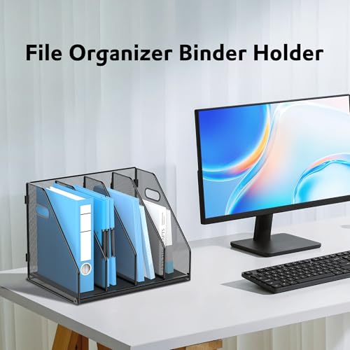 SUPEASY Binder Organizer, Magazine File Holder with 4 Vertical Compartments Rack, Metal Desk File Organizer & Binder Holders, Magazine Organizers for Office Desktop, Home, School (Black) - color: Black, size: 4Rack