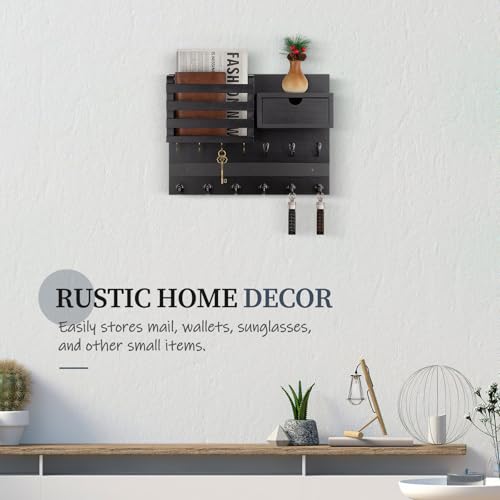 Nekon Key Holder Wall Mount, Rustic Mail and Keys Shelf for Wall Organization with 13 Hooks, Home Decor Accessory with Drawer, Black - color: Black