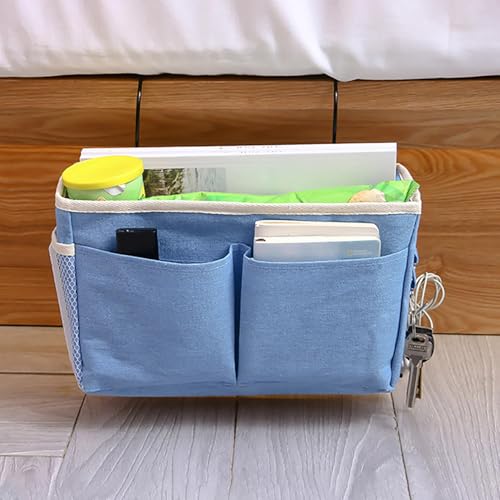 Bedside Caddy, Large Capacity Hanging Bedside Organizer with Side Hooks and 2 Pockets,Durable Versatile Bedside Caddy for Dorm Bed Phone Hospital College Magazine Remote Control Laptop Books (Blue)